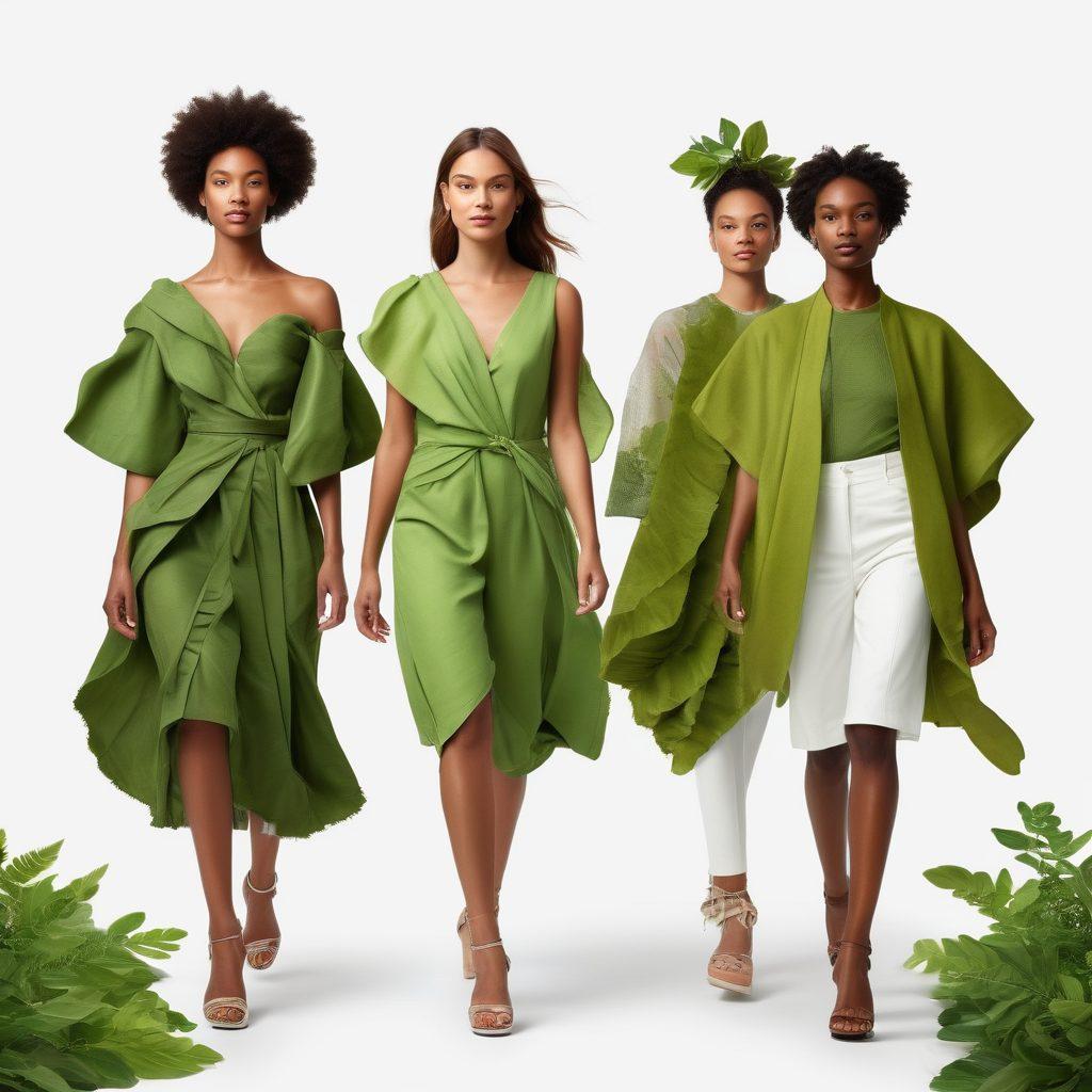 A chic, eco-friendly fashion scene showcasing a diverse group of stylish individuals confidently strutting in sustainable outfits made from organic materials. Vibrant accessories made from recycled items accent their looks, while a lush green background symbolizes nature. Include whimsical elements like floating leaves and earth-friendly fabric swatches around them. super-realistic. vibrant colors. white background.